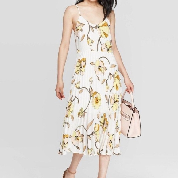 a new day Dresses & Skirts - NWOT White Yellow Floral Pleated A Line Midi Dress